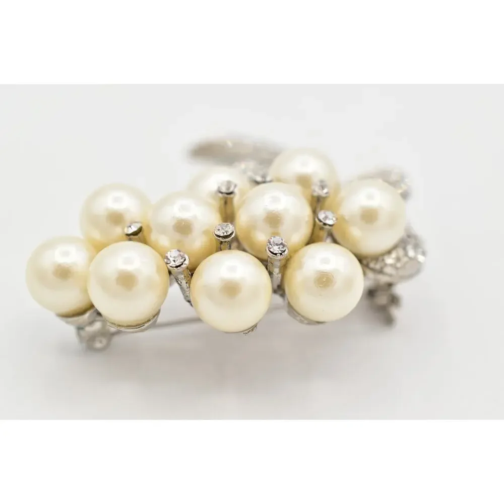 Vintage Crystal Pearl Flower Pin Brooch Burst Pave Shiny Bridal Ice Y2K A26